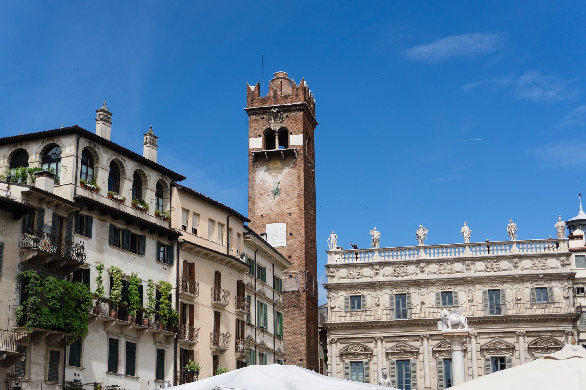 Historic square in Verona with Torre dei Lamberti, ornate Palazzo Maffei facade, and white umbrellas below.