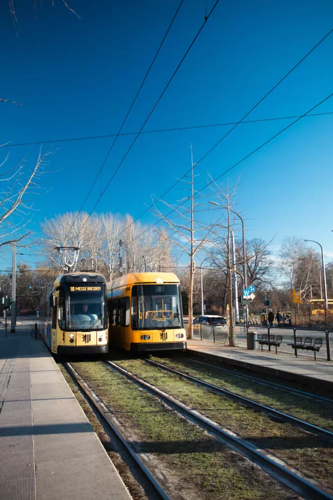 Two yellow trams at a platform in Dresden with overhead wires and destination sign reading Messe Dresden