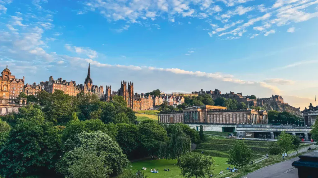 View across Princes Street Gardens toward the National Gallery and Edinburgh Old Town skyline
