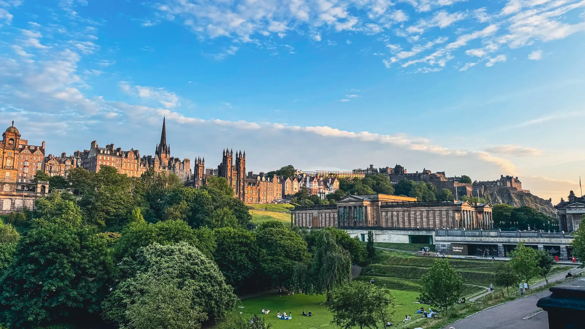 View across Princes Street Gardens toward the National Gallery and Edinburgh Old Town skyline