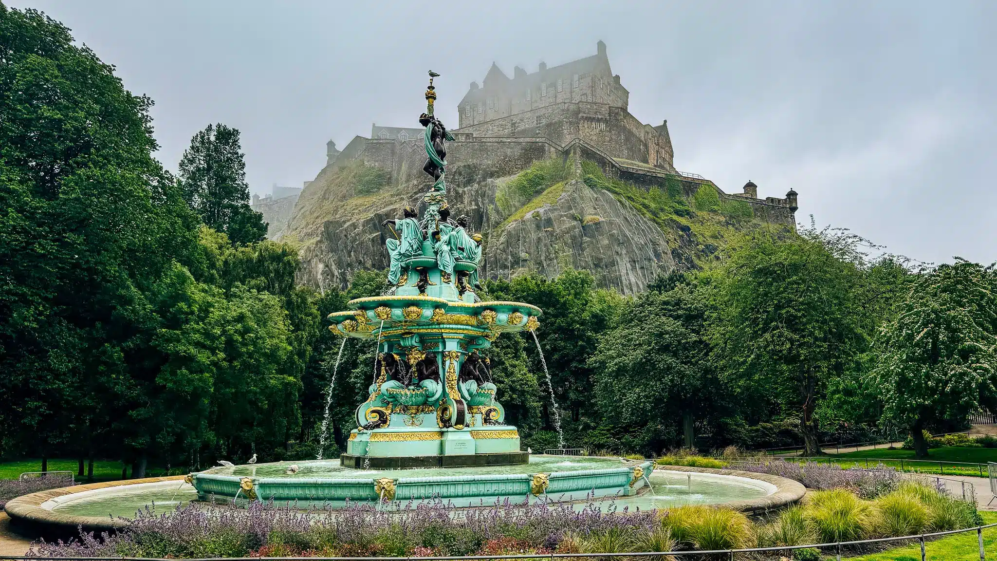 Ross Fountain in Princes Street Gardens with Edinburgh Castle rising behind