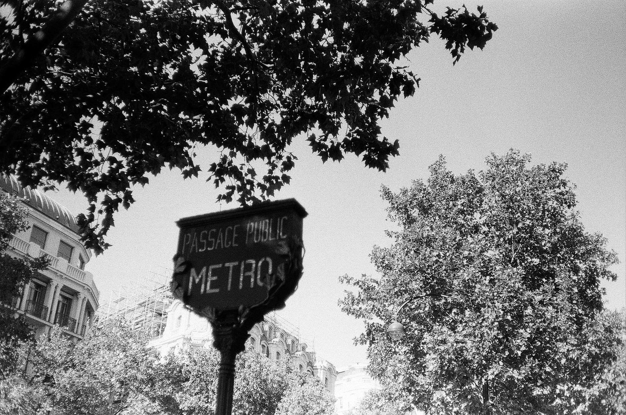 Black-and-white upward street view with a blurred sign reading Passage Public Metro, trees, and Parisian buildings.
